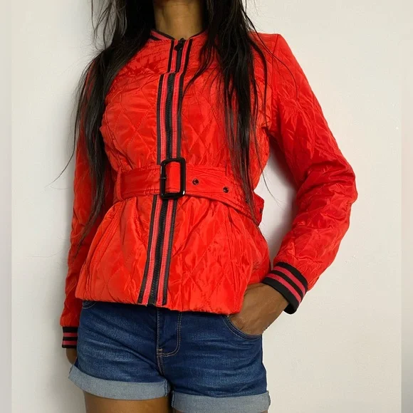 NWOT Gorgeous Women’s  Red Retro Black Trim Windbreaker Belted Jacket, - Picture 9 of 9